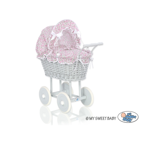 Landau Poussette de Poupée en Osier Rose Gris Fleurs