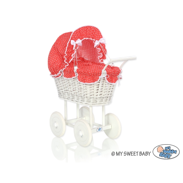 Landau Poussette de Poupée en Osier Rouge à Pois