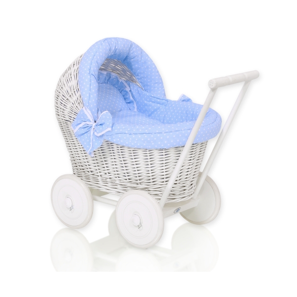 Landau-poussette pour Poupée en Osier Blanc Bleu à Pois