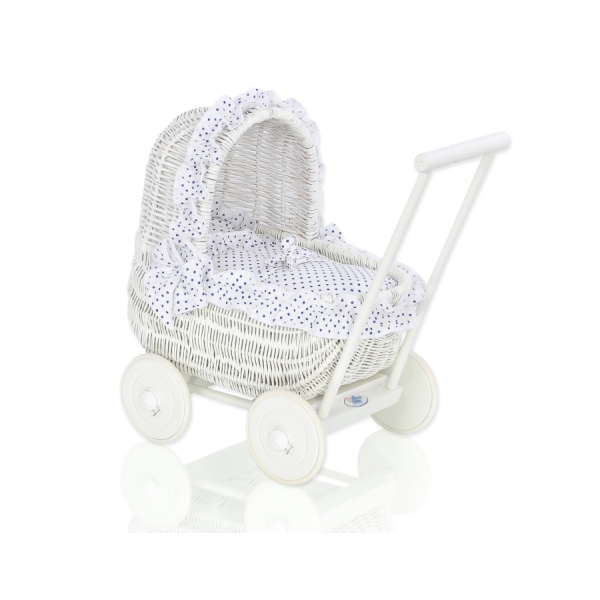 Landau-poussette pour Poupée en Osier Blanc Bleu Marine à Pois