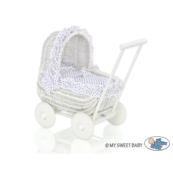 Landau-poussette pour Poupée en Osier Blanc Bleu Marine à Pois