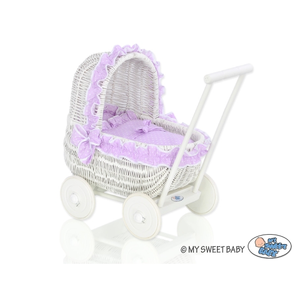 Landau-poussette pour Poupée en Osier Blanc Lila à Pois