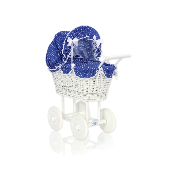 Landau-poussette pour Poupée en Osier Bleu Marine à Pois pour Fille
