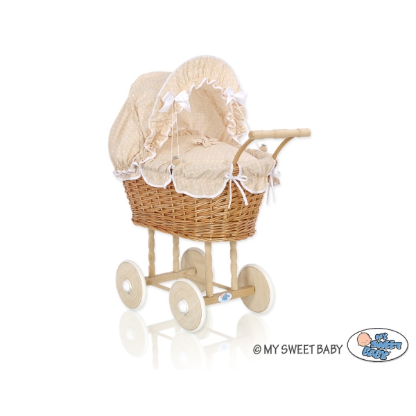 Landau Poussettes Poupée en Osier Naturel Blanc Beige à Pois