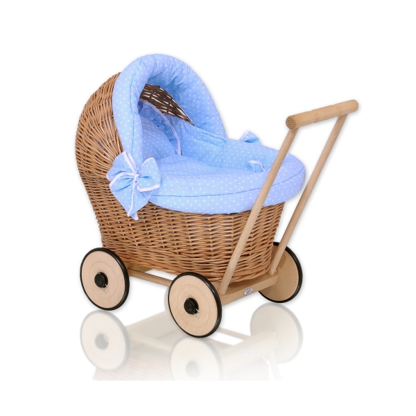 Landau Poussettes Poupée en Osier Naturel Blanc Bleu à Pois