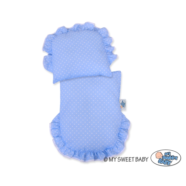Landau Poussettes Poupée en Osier Naturel Blanc Bleu à Pois