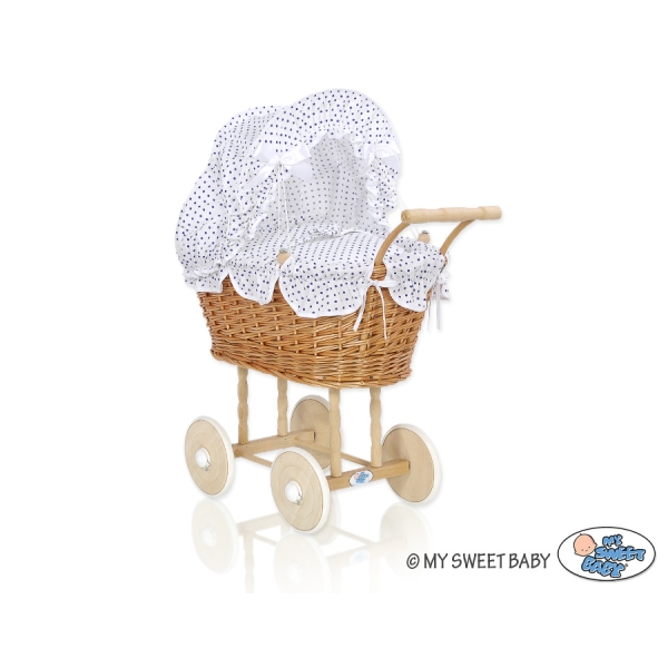 Landau Poussettes Poupée en Osier Naturel Blanc Bleu Marine à Pois