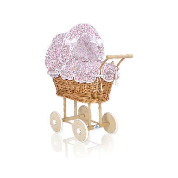 Landau Poussettes Poupée en Osier Naturel Rose Fleurs