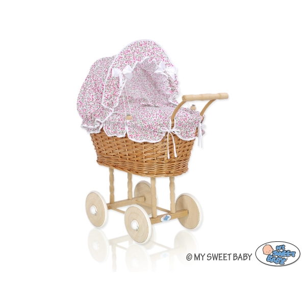 Landau Poussettes Poupée en Osier Naturel Rose Fleurs