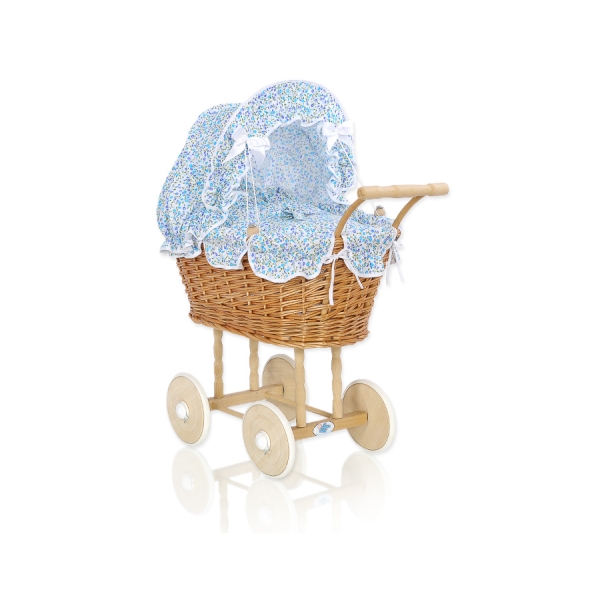 Landau Poussettes Poupée en Rotin Naturel Bleu Fleurs