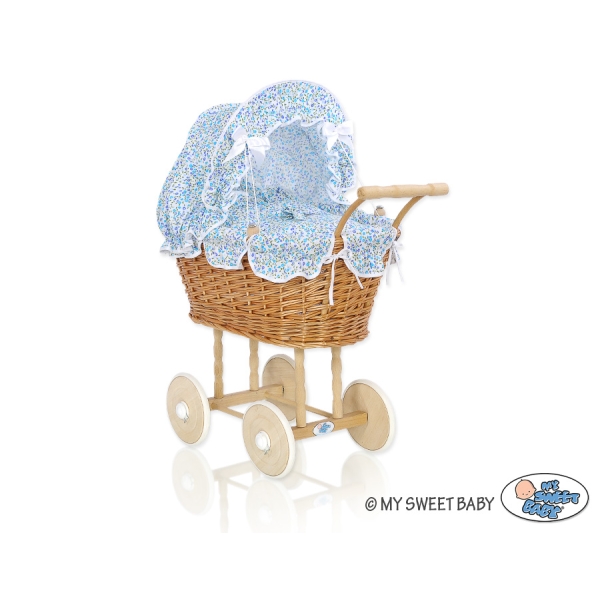 Landau Poussettes Poupée en Rotin Naturel Bleu Fleurs