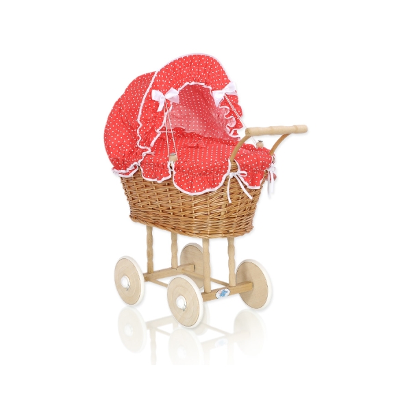 Landau Poussettes Poupée en Rotin Naturel Rouge à Pois
