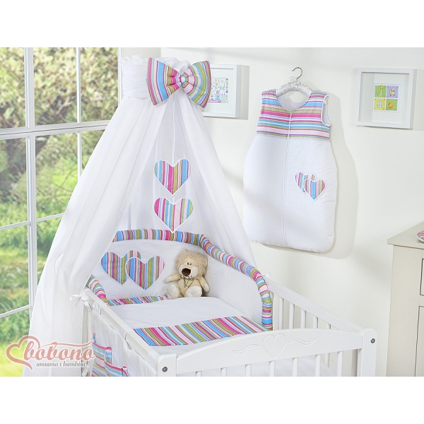 Linge de Lit Bébé Parure 11 pcs avec Ciel Lila Rayures Cœurs