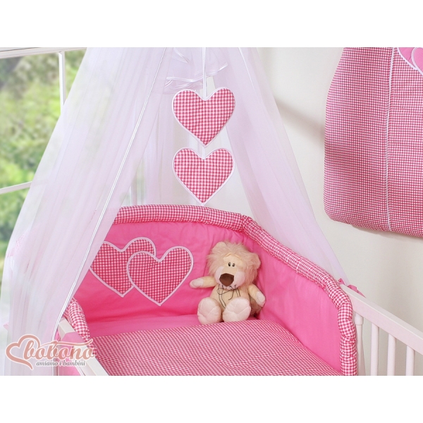 Linge de Lit Bébé Parure 11 pcs avec Moustiquaire Rose à Carreaux Cœurs