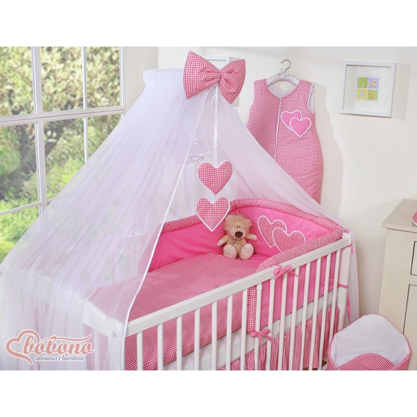 Linge de Lit Bébé Parure 11 pcs avec Moustiquaire Rose à Carreaux Cœurs