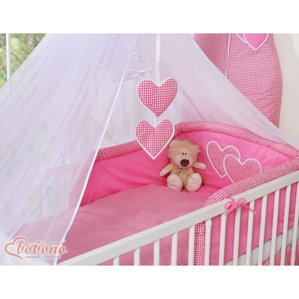 Linge de Lit Bébé Parure 11 pcs avec Moustiquaire Rose à Carreaux Cœurs