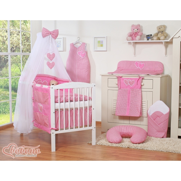 Linge de Lit Bébé Parure 11 pcs avec Moustiquaire Rose à Carreaux Cœurs