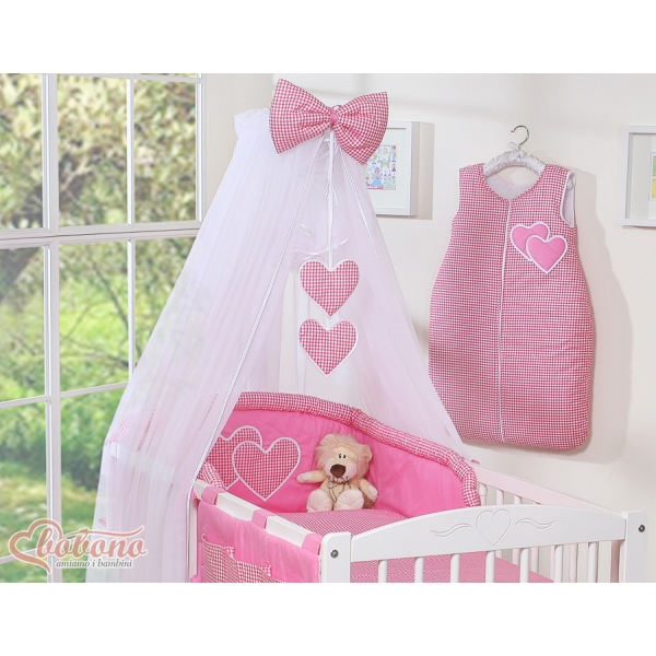 Linge de Lit Bébé Parure 11 pcs avec Moustiquaire Rose à Carreaux Cœurs