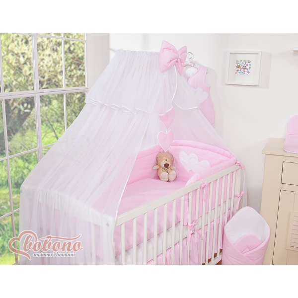 Linge de Lit Bébé Parure 11 pcs avec Moustiquaire Rose Rayures Cœurs