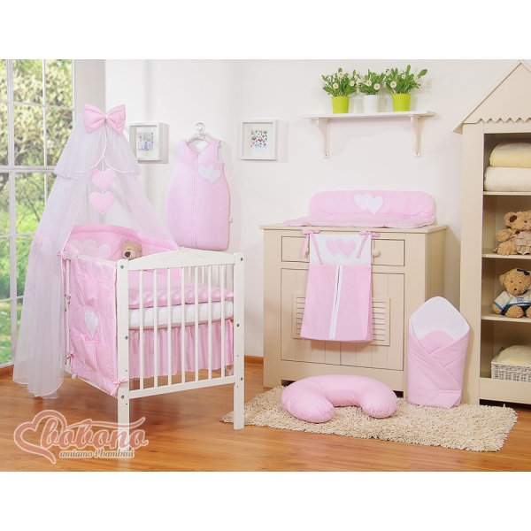 Linge de Lit Bébé Parure 11 pcs avec Moustiquaire Rose Rayures Cœurs