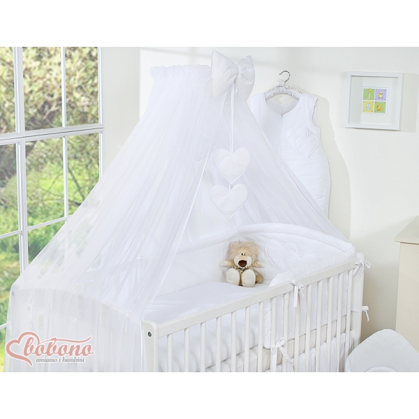 Linge de Lit Bébé Parure 11 pcs  Moustiquaire Blanc Cœurs