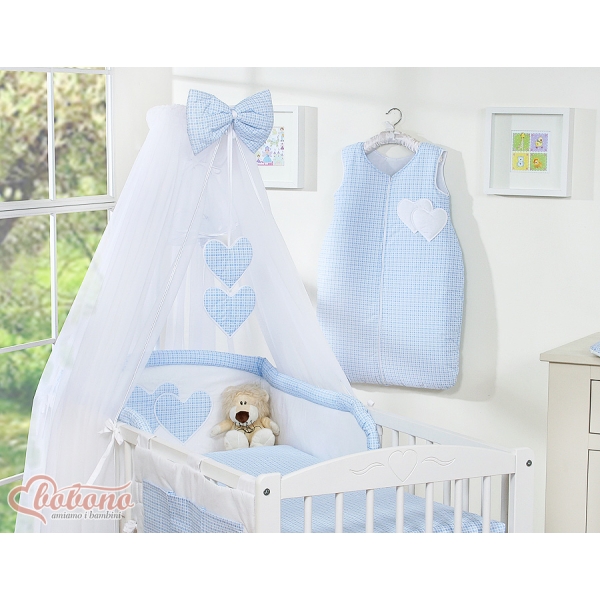 Linge de Lit Bébé Parure 11 pcs  Moustiquaire Bleu à Carreaux Cœurs