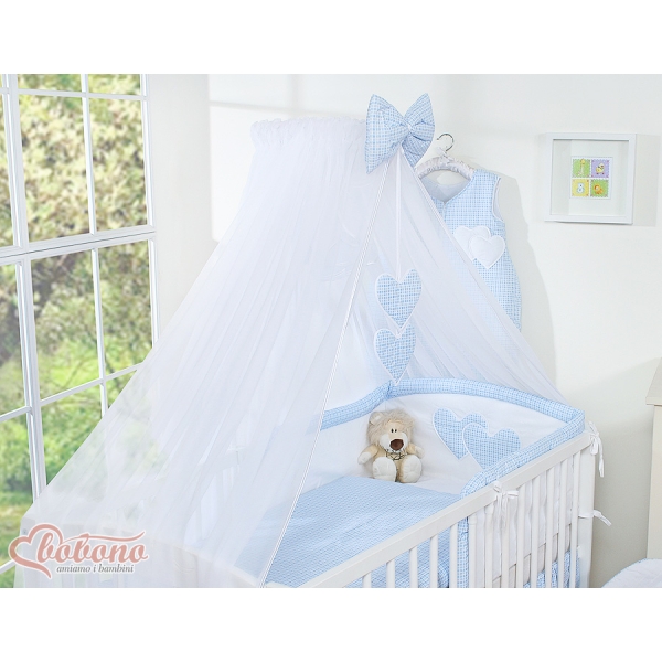 Linge de Lit Bébé Parure 11 pcs  Moustiquaire Bleu à Carreaux Cœurs
