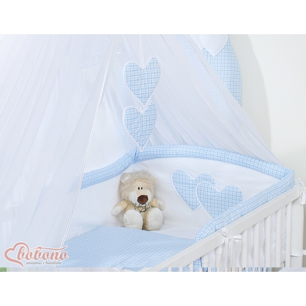 Linge de Lit Bébé Parure 11 pcs  Moustiquaire Bleu à Carreaux Cœurs