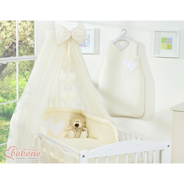 Linge de Lit Bébé Parure 11 pcs  Moustiquaire Crème Cœurs