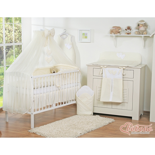 Linge de Lit Bébé Parure 11 pcs  Moustiquaire Crème Cœurs
