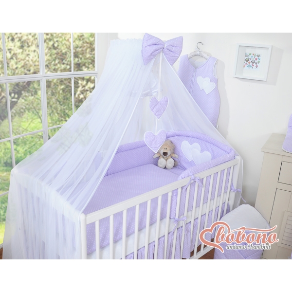 Linge de Lit Bébé Parure 11 pcs  Moustiquaire Lila à Pois Cœurs