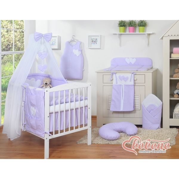 Linge de Lit Bébé Parure 11 pcs  Moustiquaire Lila à Pois Cœurs