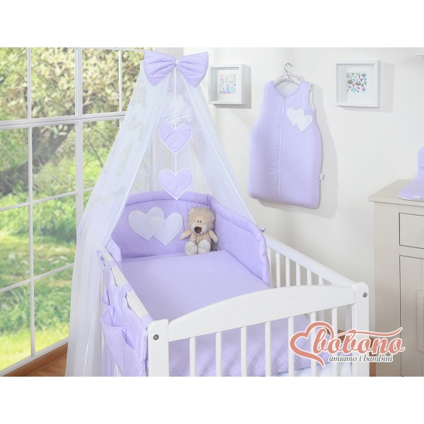 Linge de Lit Bébé Parure 11 pcs  Moustiquaire Lila à Pois Cœurs