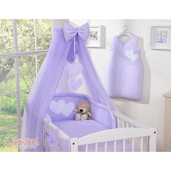 Linge de Lit Bébé Parure 11 pcs  Moustiquaire Lila Cœurs