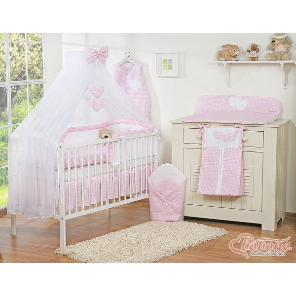 Linge de Lit Bébé Parure 11 pcs  Moustiquaire Rose à Carreaux Cœurs