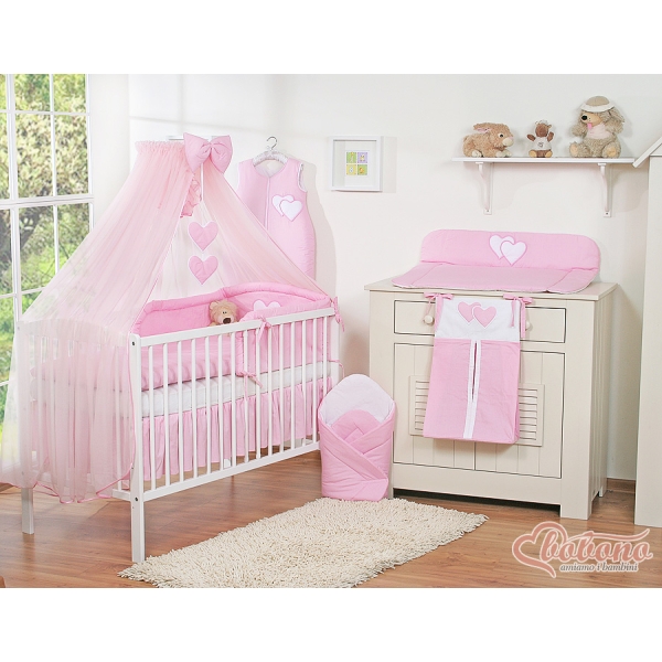 Linge de Lit Bébé Parure 11 pcs  Moustiquaire Rose Cœurs