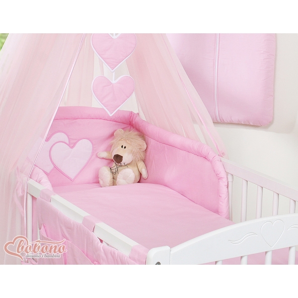 Linge de Lit Bébé Parure 11 pcs  Moustiquaire Rose Cœurs