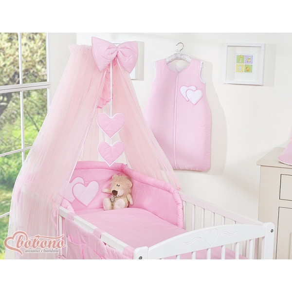 Linge de Lit Bébé Parure 11 pcs  Moustiquaire Rose Cœurs