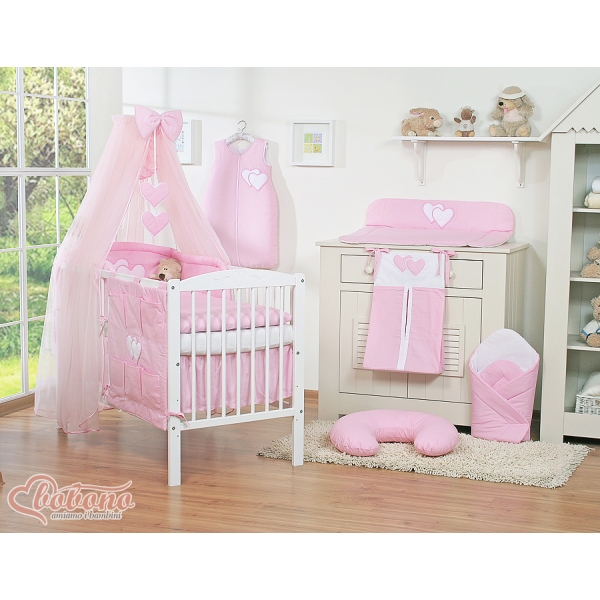 Linge de Lit Bébé Parure 11 pcs  Moustiquaire Rose Cœurs