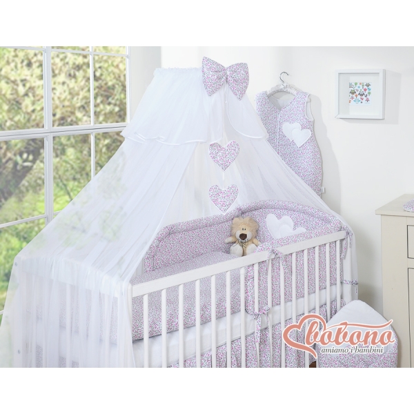 Linge de Lit Bébé Parure 11 pcs  Moustiquaire Rose Floraison Cœurs