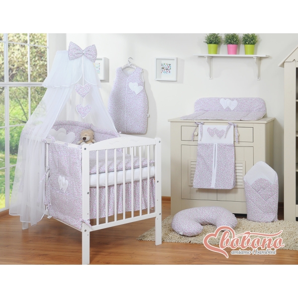 Linge de Lit Bébé Parure 11 pcs  Moustiquaire Rose Floraison Cœurs