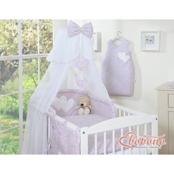 Linge de Lit Bébé Parure 11 pcs  Moustiquaire Rose Floraison Cœurs