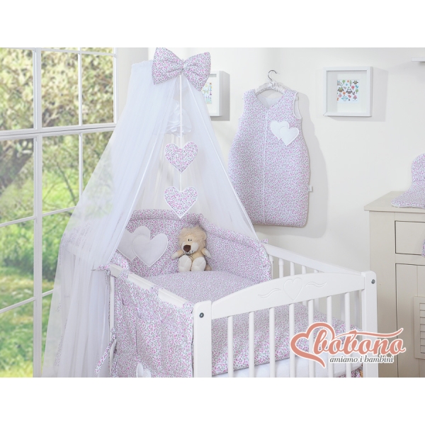 Linge de Lit Bébé Parure 11 pcs  Moustiquaire Rose Floraison Cœurs