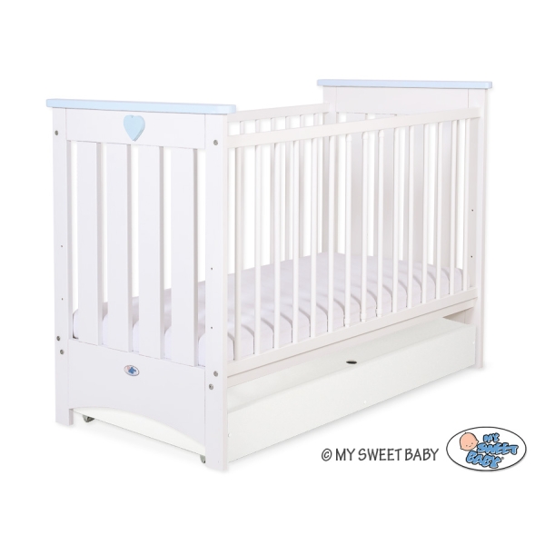 Lit Bébé a Barreaux avec Tiroir 120x60 cm Lorenzo Standard Blanc Bleu
