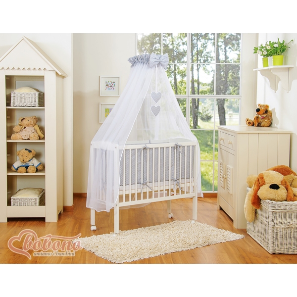 Lit Cododo avec Ciel Matelas et Linge Complet Gris à Pois Cœurs