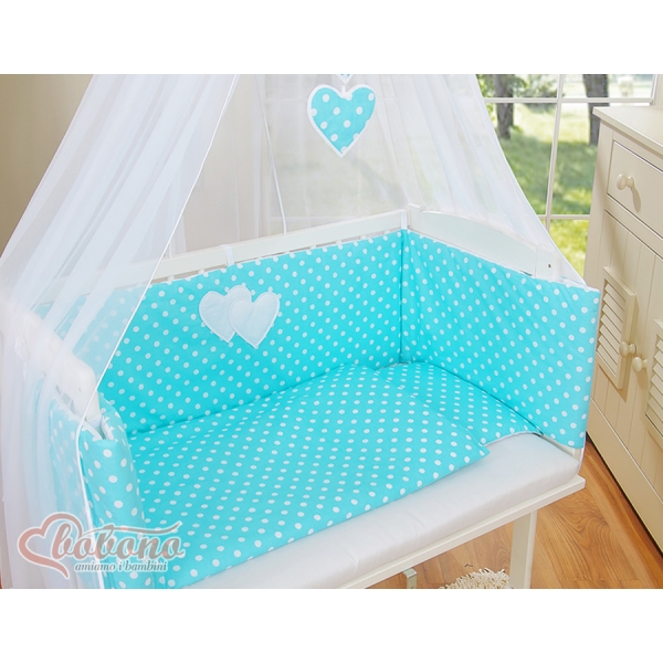 Lit Cododo avec Ciel Matelas et Linge Complet Turquoise à Pois Cœurs