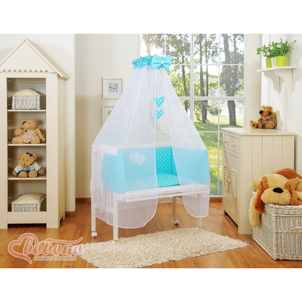 Lit Cododo avec Ciel Matelas et Linge Complet Turquoise à Pois Cœurs