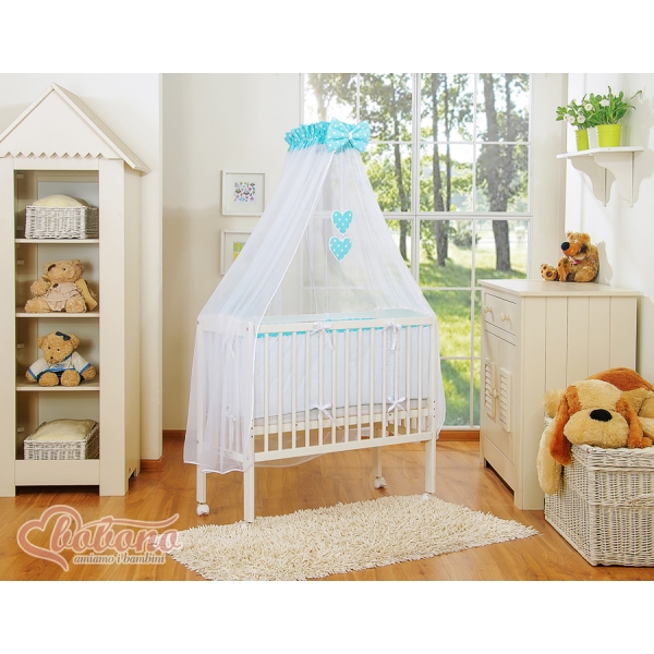 Lit Cododo avec Ciel Matelas et Linge Complet Turquoise à Pois Cœurs