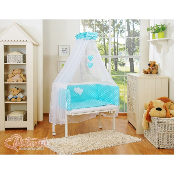 Lit Cododo avec Ciel Matelas et Linge Complet Turquoise à Pois Cœurs