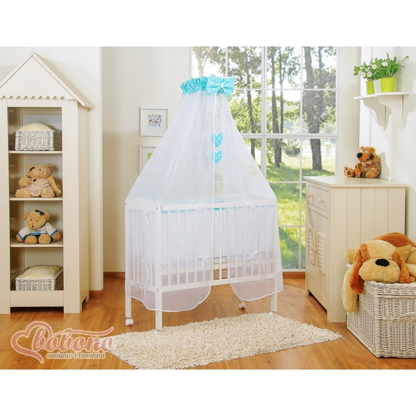 Lit Cododo avec Ciel Matelas et Linge Complet Turquoise à Pois Cœurs